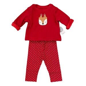 NWT GAP Baby Red W/Cozy Pocket Deer Applique Top & Red Dot Leggings - SIZE 3-6M